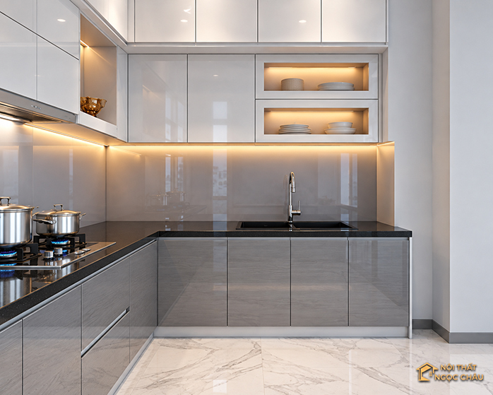 Tủ bếp nhựa Acrylic chữ L nhà em Cường tại Sóc Sơn